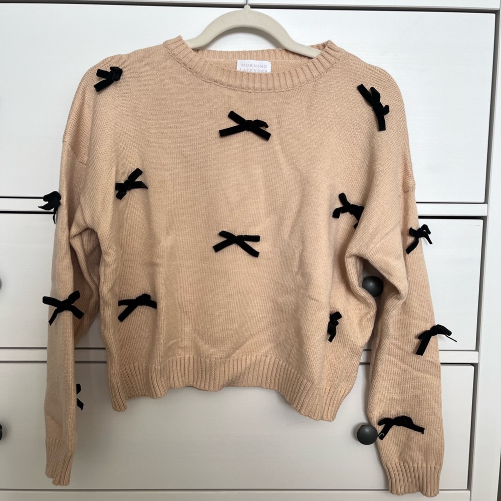 Morning Lavender taupe sweater with black velvet bow details. Size S/M. BNWOT